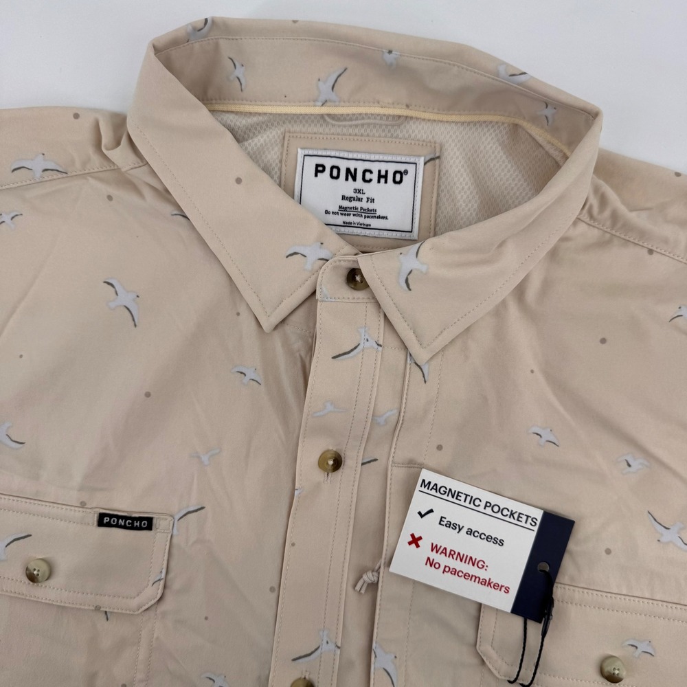 Poncho Fishing Shirt Mens 3XL Tan Seagull Print Magnetic Pockets Short Sleeve - Picture 1 of 9